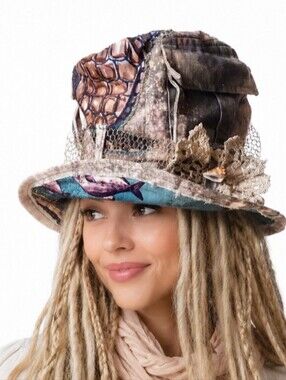 Avant-Garde Top Hat Designer Turtle Patched Raw Upcycled Denim Gold Lace Shell